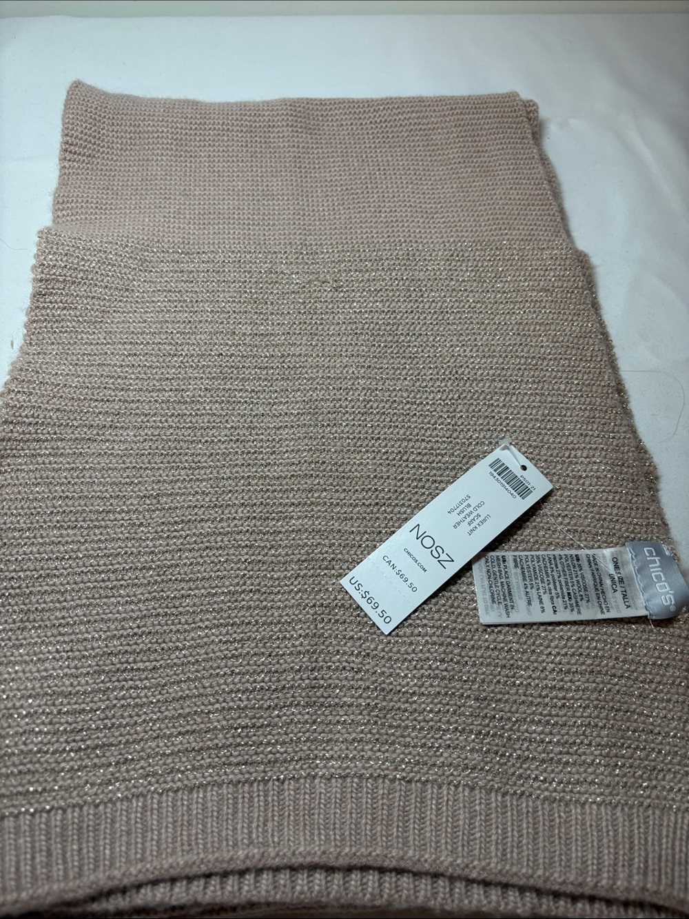 Chico’s NWT Blush Tan Viscose Blend Scarf 11” x 64”